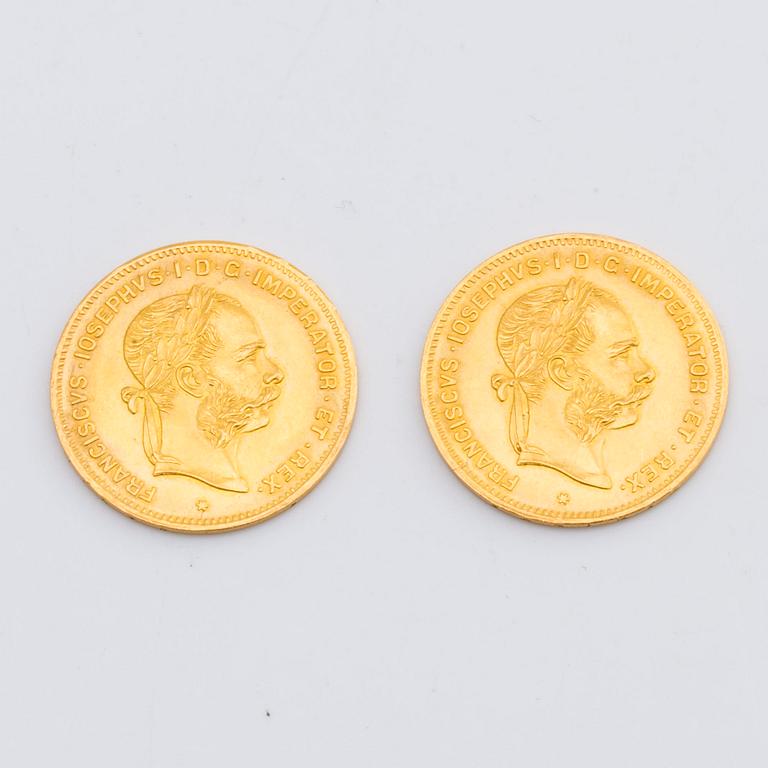 TWO GOLD COIN, 4 fl/10 fr, Frans Josef, Austria, 1892.