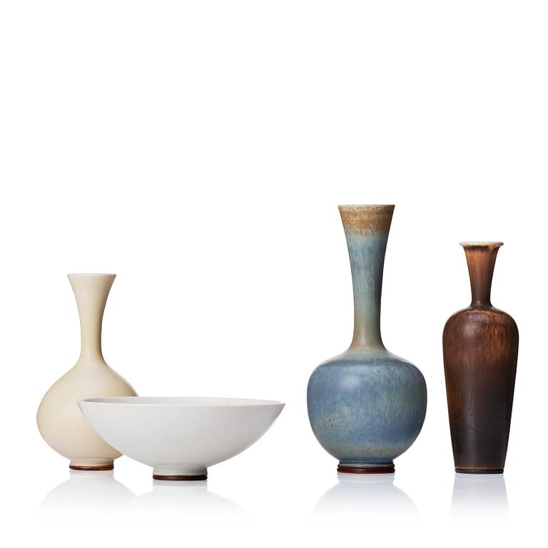 Berndt Friberg, a set of three stoneware vases and a bowl, Gustavsbergs studio, Sweden 1964-76.