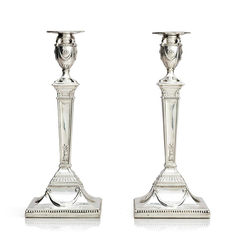 A pair of silver candlesticks, marks of John Parsons & Co, Sheffield, possibly 1784-85.