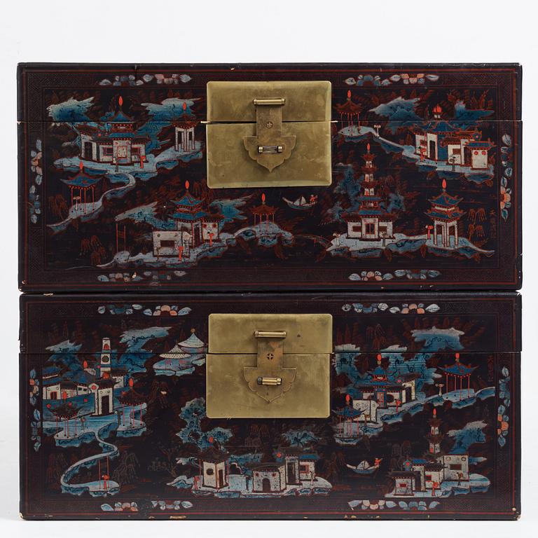 Two Chinese lacquered chests, Qing dynasty, 19th Century.