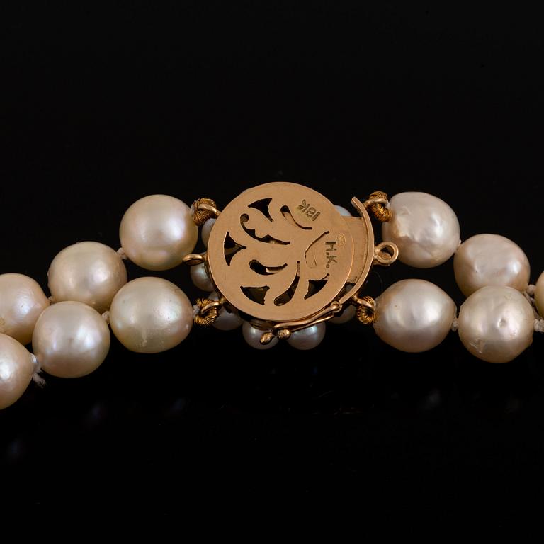 A two strand cultured pearl necklace.
