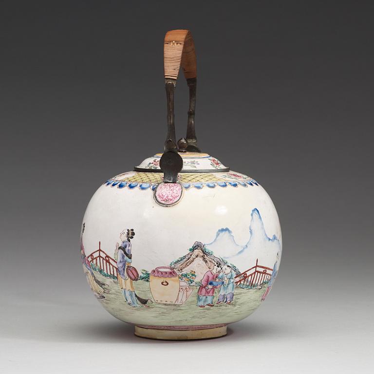 An export enamel on copper tea pot with cover, Qing dynasty, 18th Century.