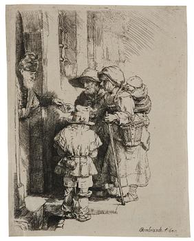 777. Rembrandt Harmensz van Rijn, "Beggars Receiving Alms at the Door of a House".