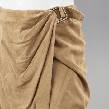 A beige suede skirt by ralph Lauren.