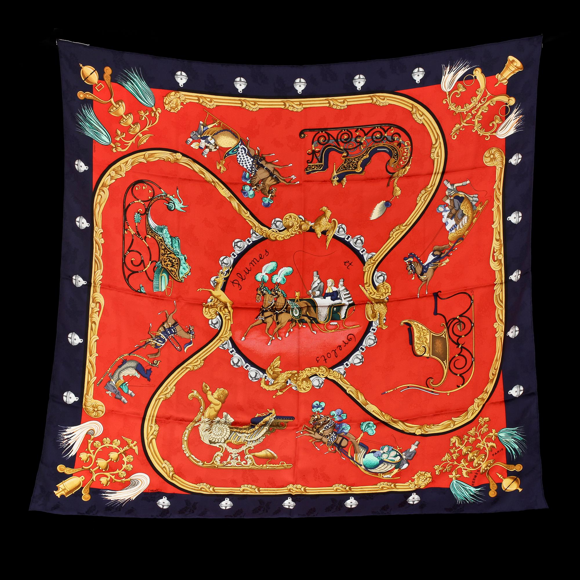 SCARF, jacquardvävt silke med invävd järnek, "Plumes de Grelots", design Julia Abadie, Hermes.