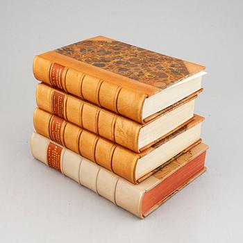 Books, four volumes, gold- and silver markers marks litterature, Finland, Denmark, Norway and Russia.