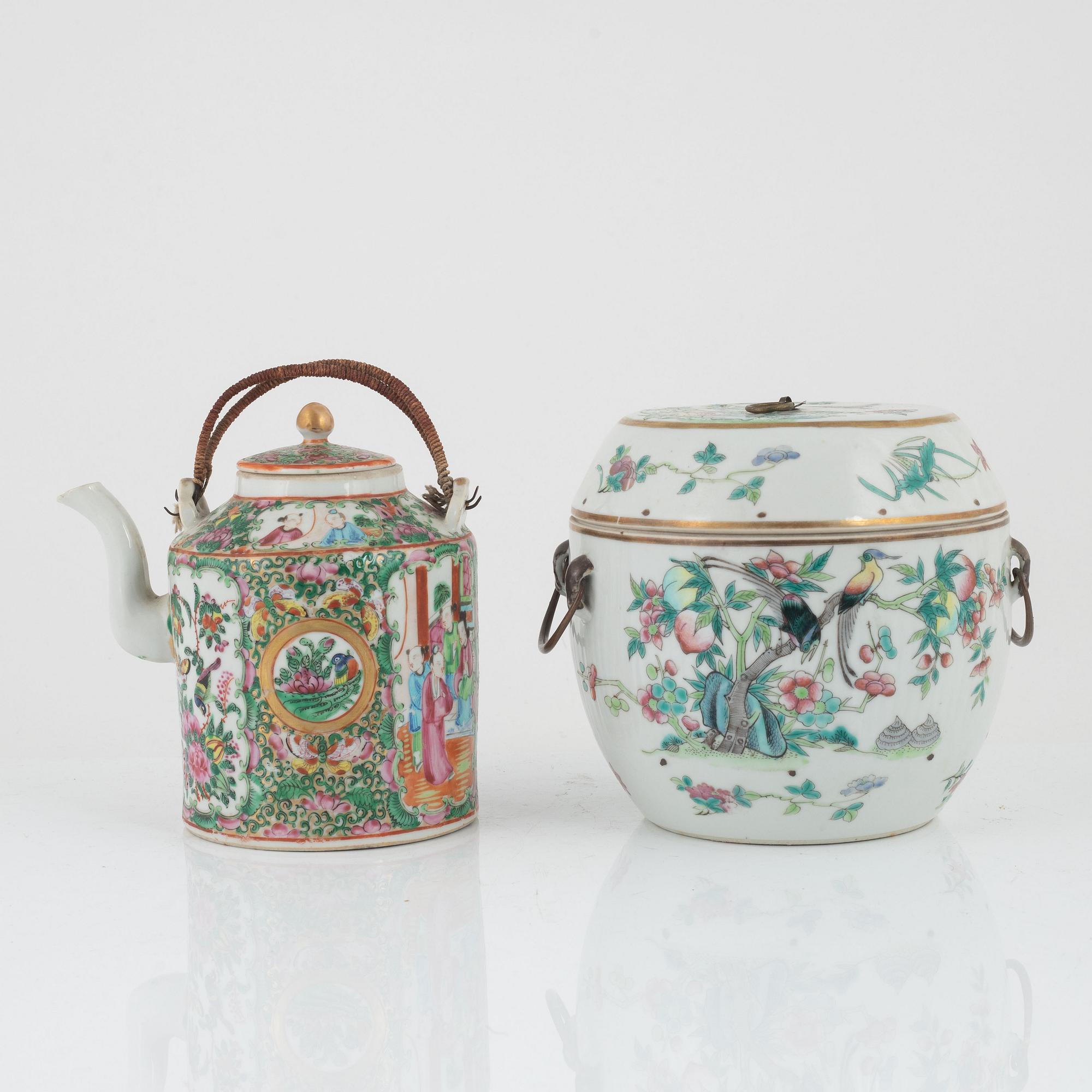 Tekanna, porslin, Kanton, och skål med lock, porslin, Kina, Qingdynastin, 1800-tal.