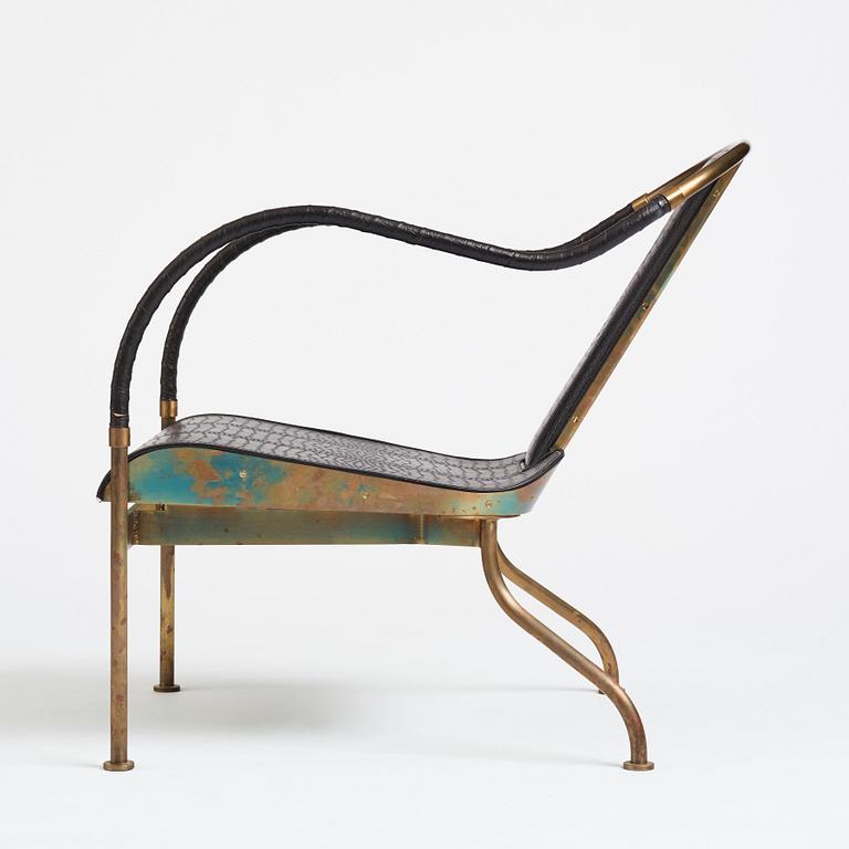 Mats Theselius, an "El Rey" brass and black leather armchair, Källemo, Sweden post 1999.