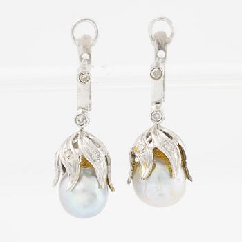 Earrings, a pair, 18K white gold with grey pearls and small octagon-cut diamonds.