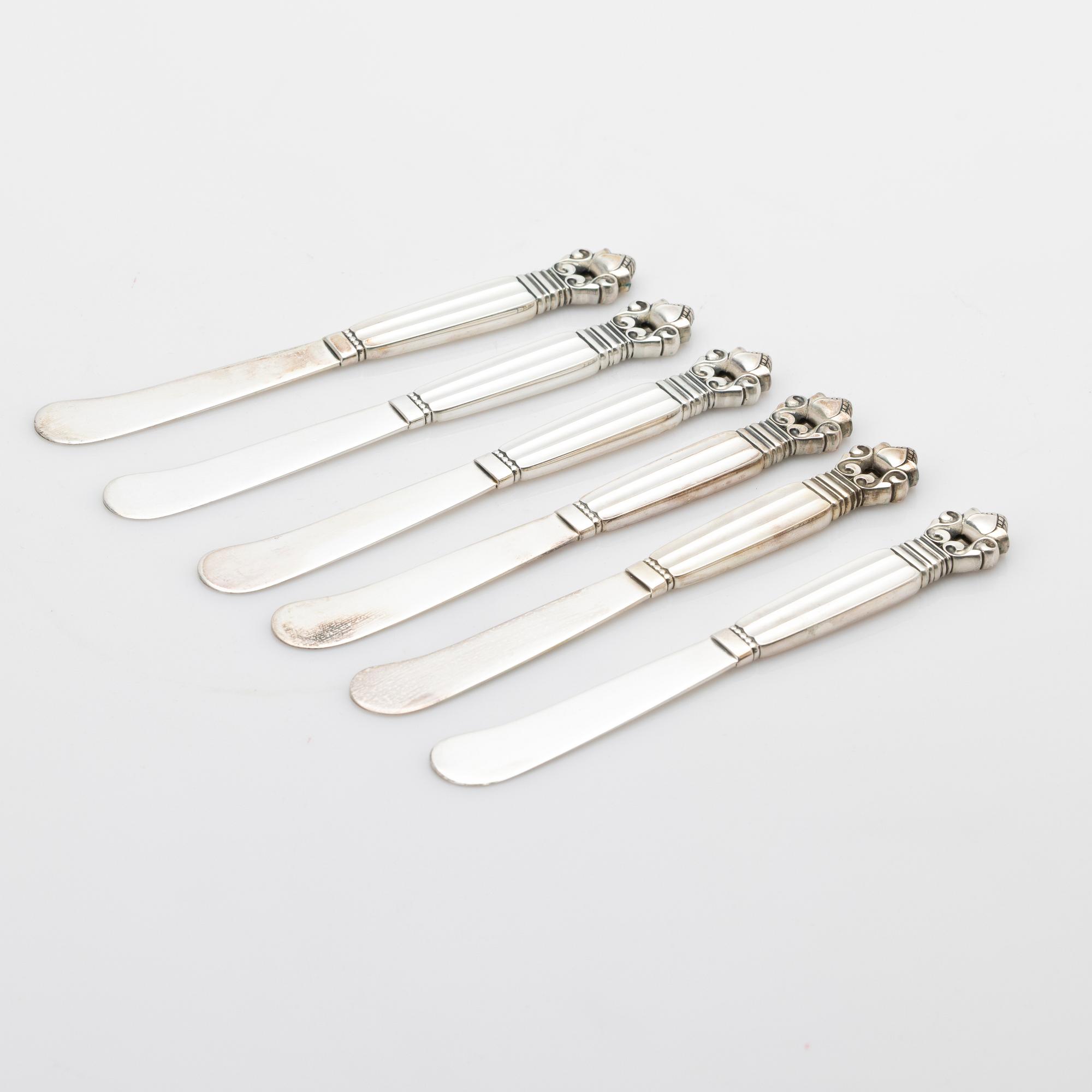 Johan Rohde, Butter knives, 6, sterling silver, “Konge” / “Acorn”, Georg Jensen, Denmark, after 1945.