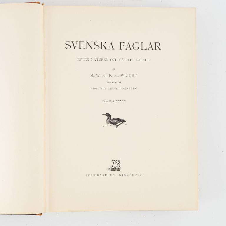 Three volumes of 'Svenska fåglar' by the von Wright brothers, printed at A.Börtsells Tryckeri AB, Stockholm, 1924-29.