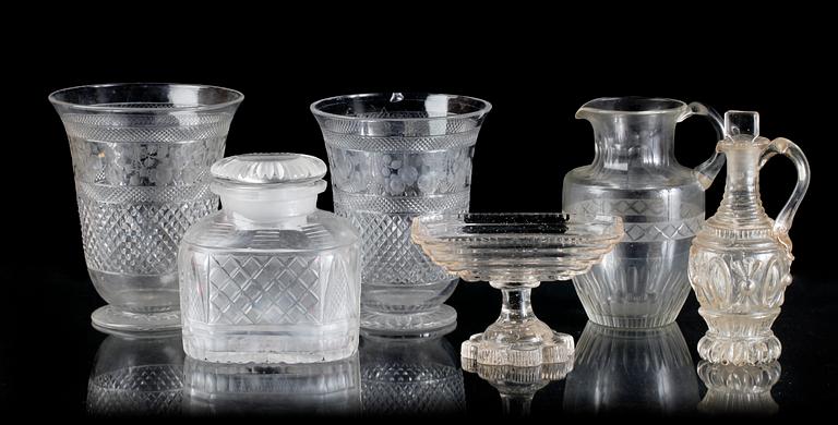 PARTI GLAS,6 delar, press- och slipat, 1800-tal.