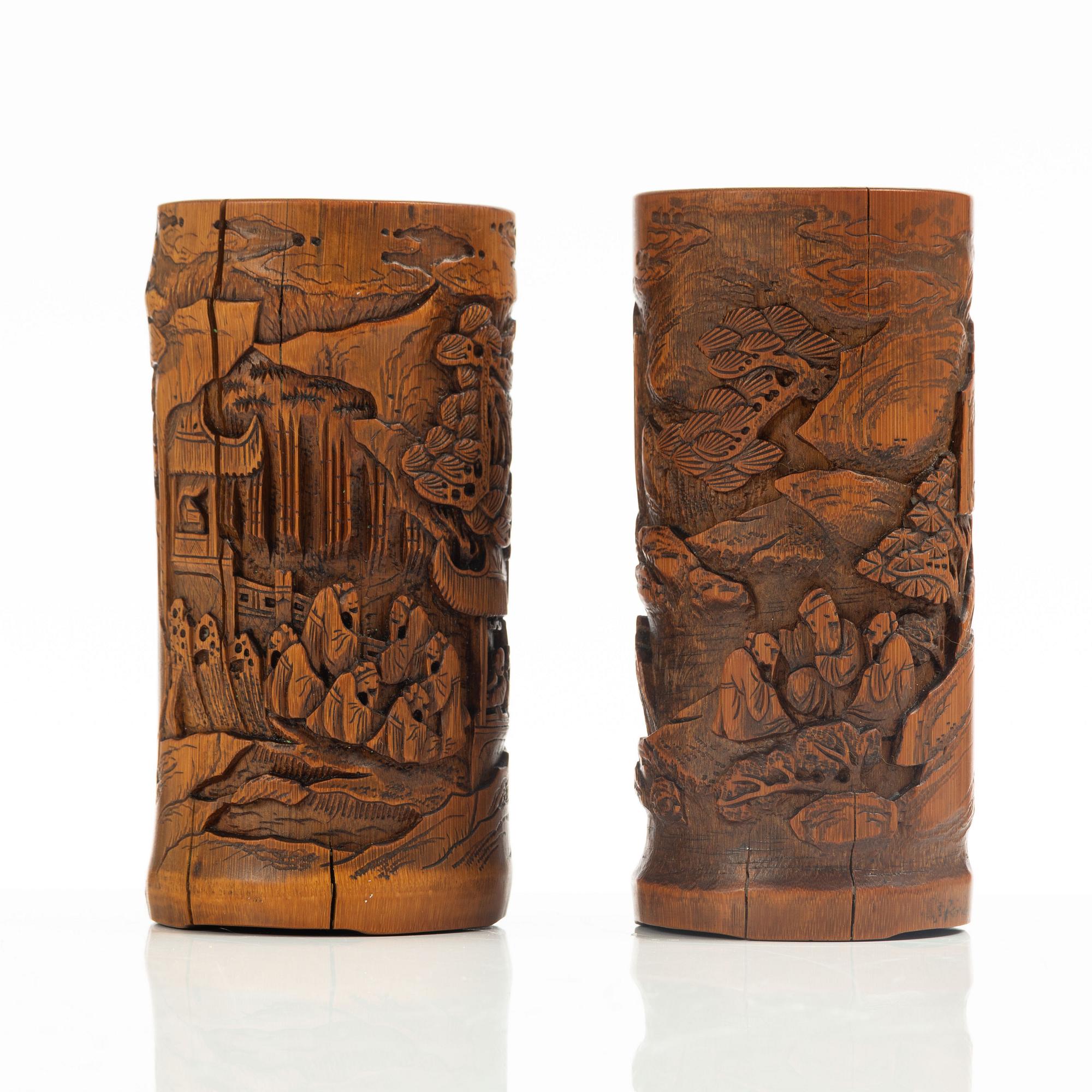 Two Chinese bamboo brush stands, late Qing dynasty / 20th century.