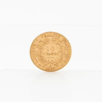 Gold coin 10 francs 1899 France.