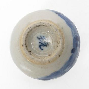 A Chinese blue and white porcelain brush washer / vase and a metal and tortoise shell nail guard, Qing dynasty.