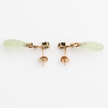 Earrings with prehnite, green tourmalines, and octagon-cut diamonds.