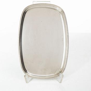 Salt and pepper shakers and tray, silver, including Henning Koppel for Georg Jensen, Denmark.