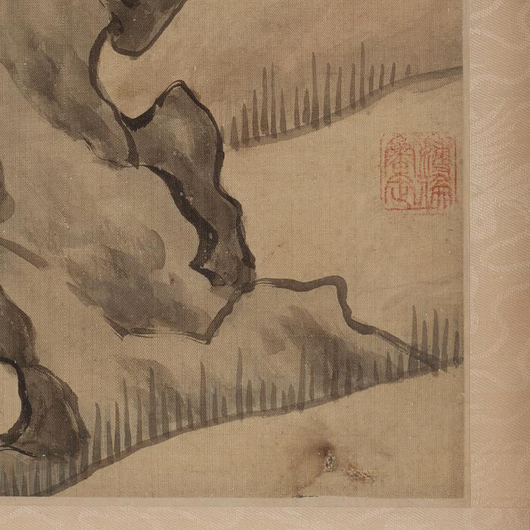 Ma Yuanyu After, Birds by a rock formation next to a lotus pond.