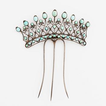 Hair comb silver and turquoise, ca 1870's.