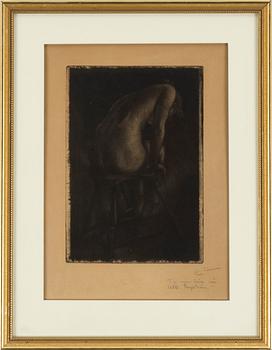 CARL LARSSON, mezzotint, 1896, sign. C.L. m. dedikation: "Till min käre vän Alb. Engström!" i blyerts. "Kvinnlig modell".