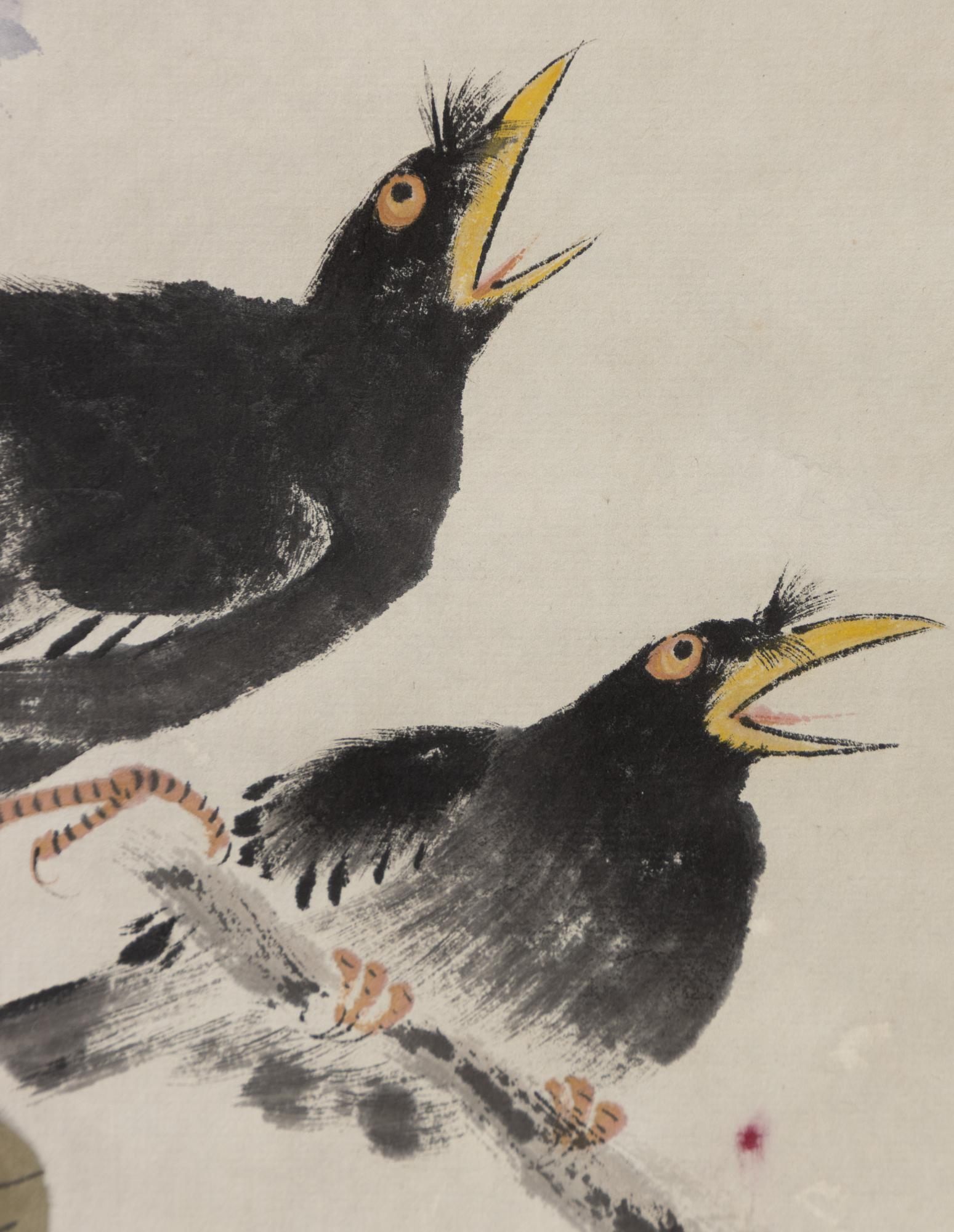 Birds with flowering wisteria, attributed to Chen Ban Ding.