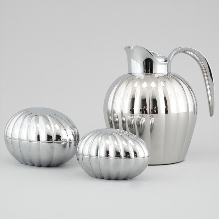 TERMOSKANNA samt PÅSKÄGG, 2 st, rostfritt stål, delvis Sigvard Bernadotte, Georg Jensen, 2000-tal.