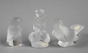 FIGURINER, 3 st, glas, Lalique, Frankrike.