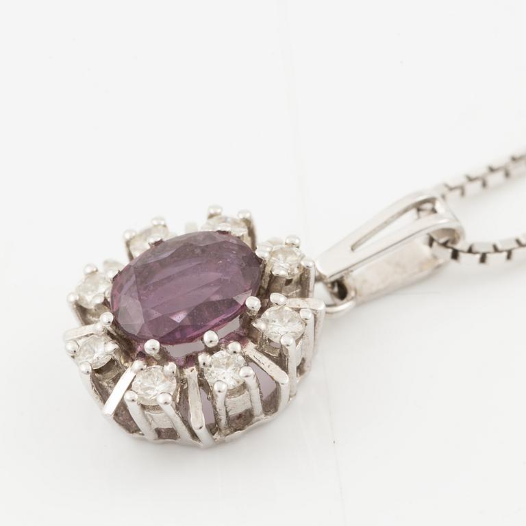 Pendant with gold chain, 
Pendant with white gold chain, 
Earrings a pair, rubies with brilliant-cut diamonds.