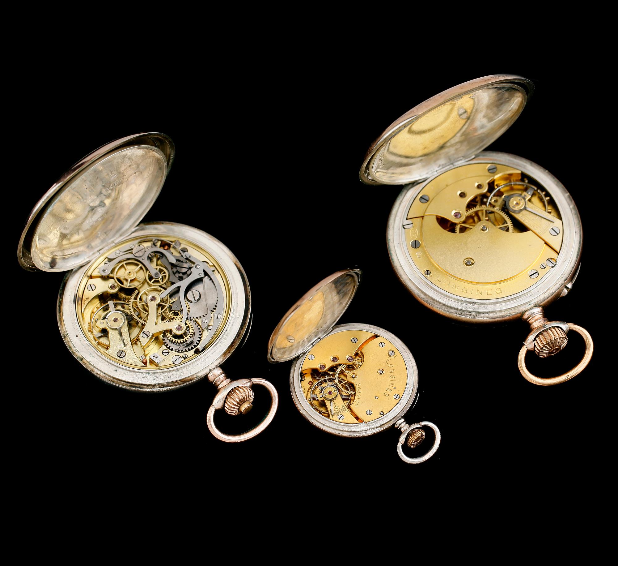 FICKUR, 3 st, silver, två märkta Longines, 1900-talets första hälft.