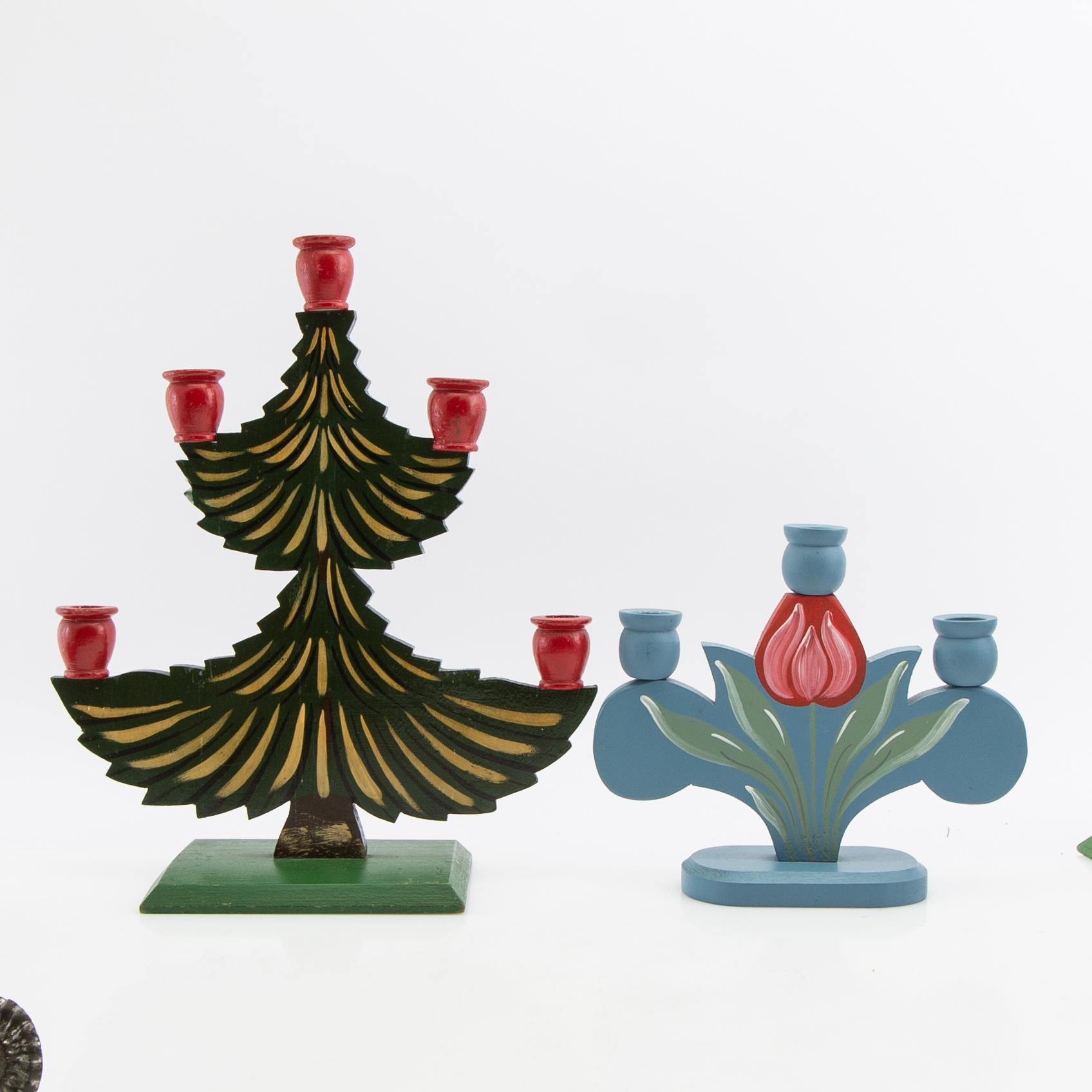 Candelabras and Christmas tree candle holders as well as Christmas tree decorations 22 pcs 20th century.