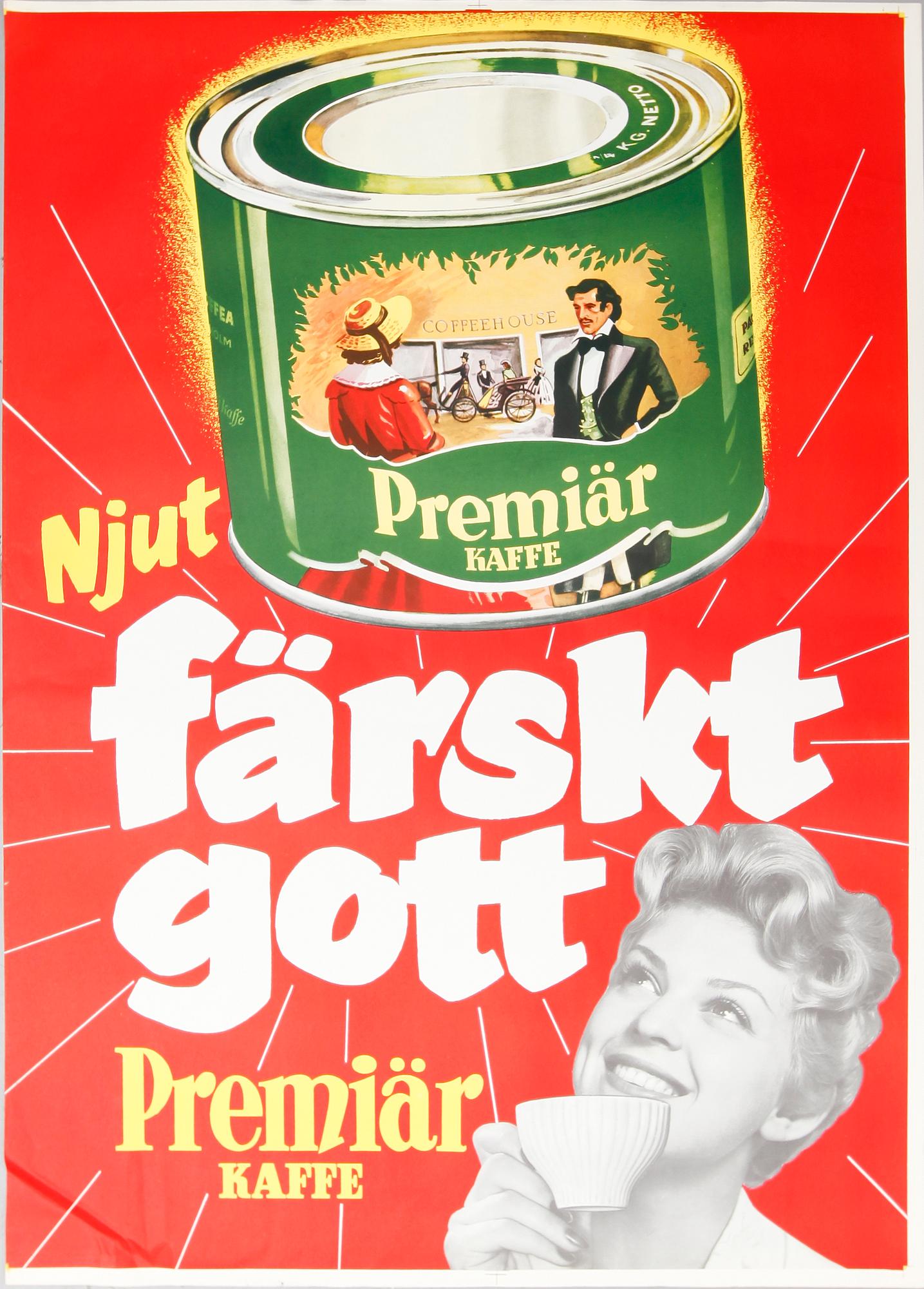 REKLAMAFFISCH, litografiskt tryck, "Premiär Kaffe", 1950-talet.
