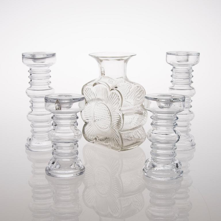 A vas and four candle holders/ vases in glass from Riihimäen Lasi, Finland 1970s.