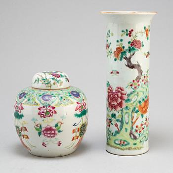 A famille rose trumpet vase, a jar with cover, Qing dynasty, 18th century.