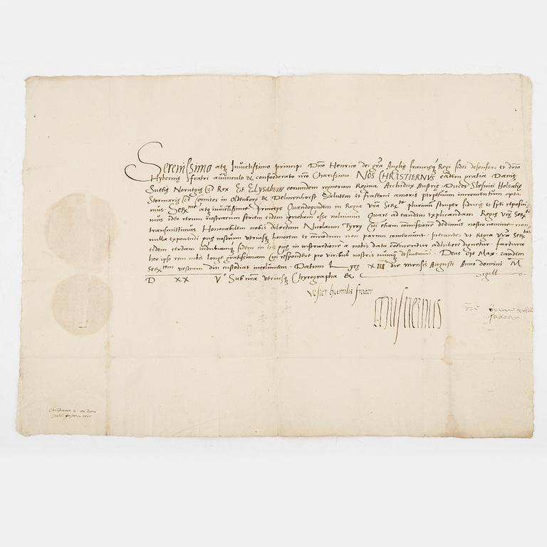 Original letter signed from Danish King Kristian II to King Henry VIII of England.