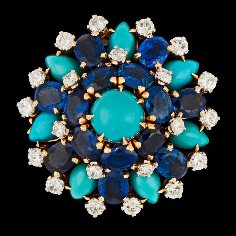 BROSCH, blå safirer, turkoser och briljantslipade diamanter, tot. ca 1.20 ct. 1960-tal.