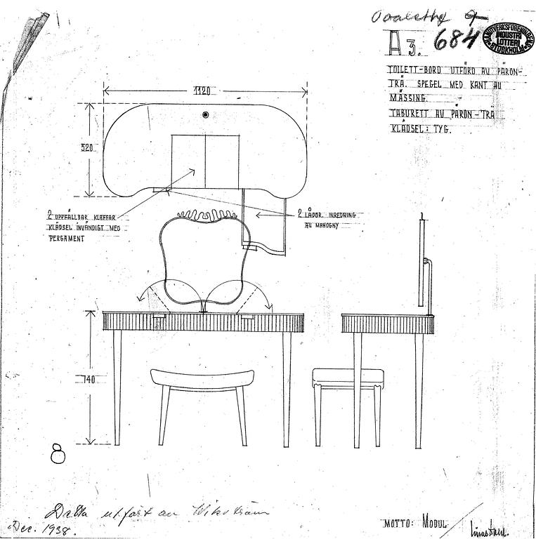 Einar Dahl, a vanity table with stool, cabinetmaker Hjalmar Wikström, for the Stockholm Crafts Association, ca 1939.