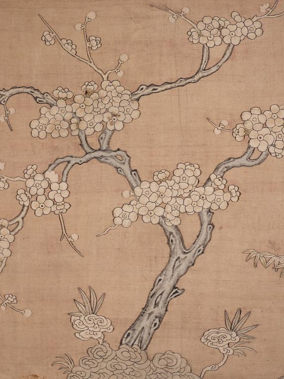 A bolt of creme coloured silk fabric, a framed textile and two embroidered silk panels, Qing dynasty.