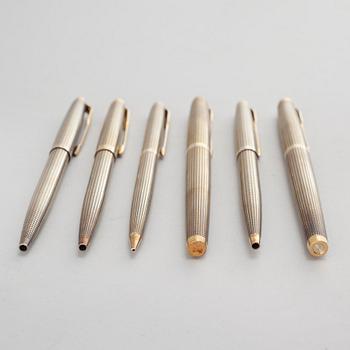 Six silver pens from Parker, USA, partly gilded, 20th century.