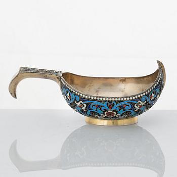 A Russian silver-gilt and cloisonné enameled kovsh, unidentified makers mark, St. Petersburg 1899-1908.