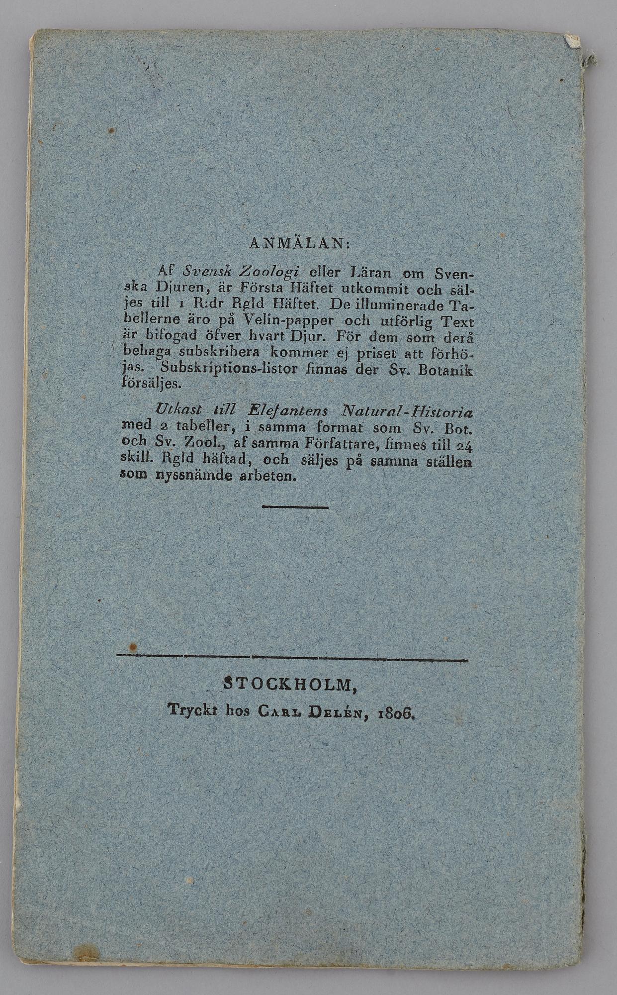 JOHAN WILHELM PALMSTRUCH, "Svensk Botanik, vol I-V. 1803-1805.