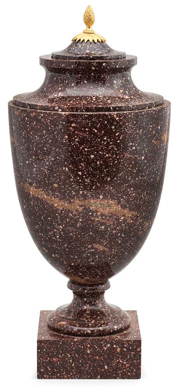 A late Gustavian 19th Century porphyry and gilt bronze urn.