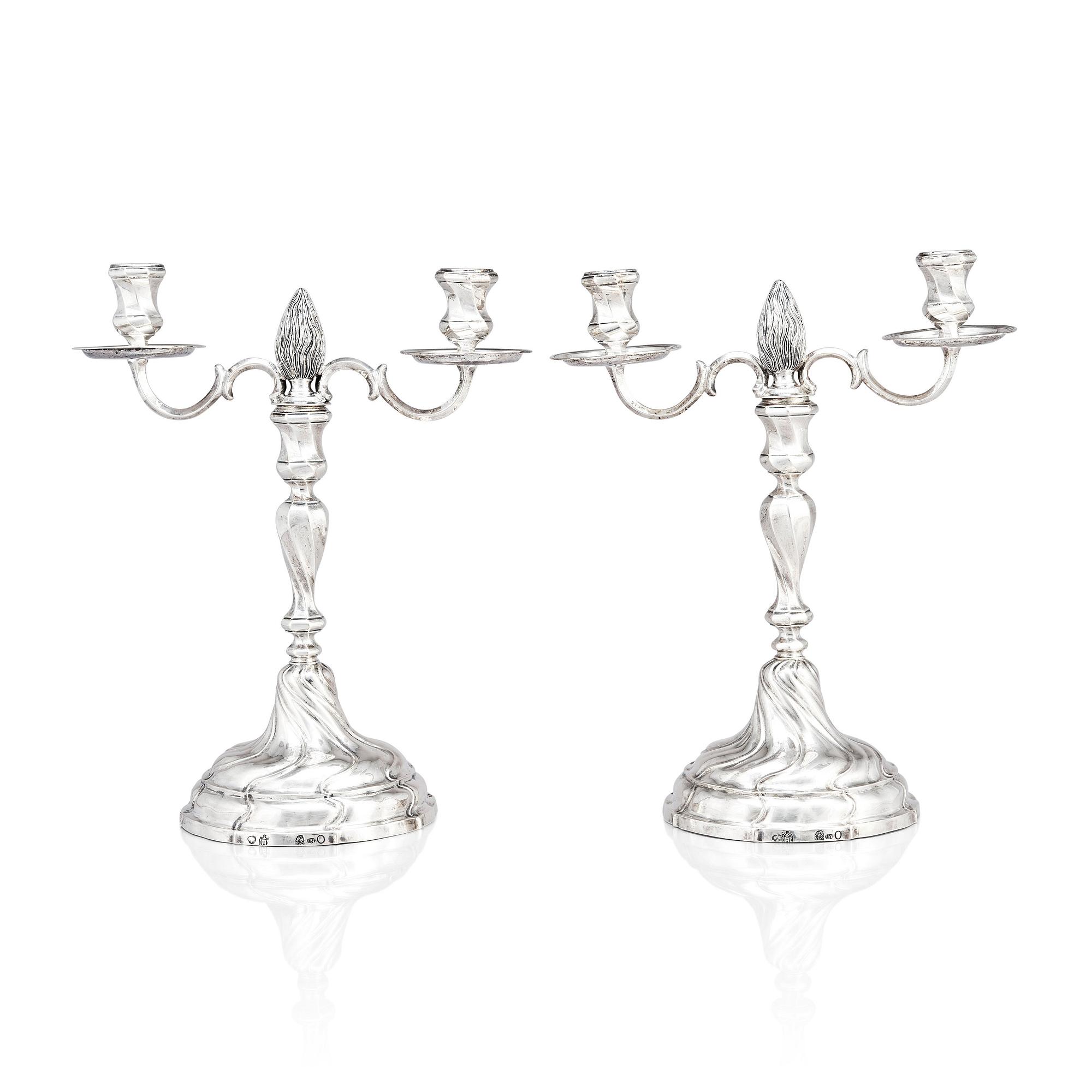 A pair of Swedish 18th century silver candelabra, marks of Lars Holmström, Lund 1772.