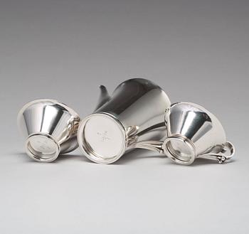 Harald Nielsen, a "Pyramid" sterling three pieces coffee service, Georg Jensen, Copenhagen 1933-44, designnr 600A,