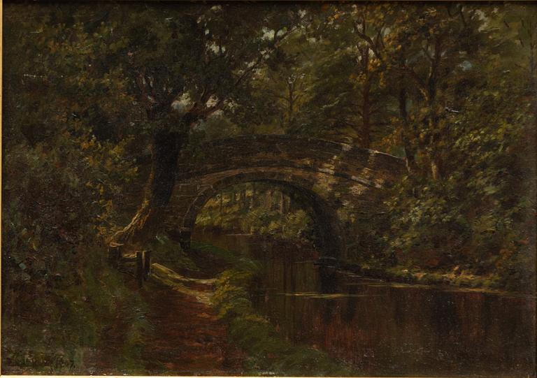 English artist, reportedly Benjamin W Leader (1831-1923), Landscape with a river.