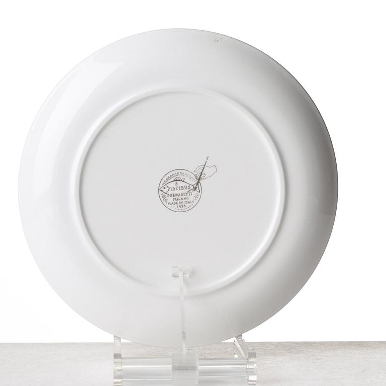 Piero Fornasetti, a set of six "Piscibus" porcelain plates, Milano, Italy.