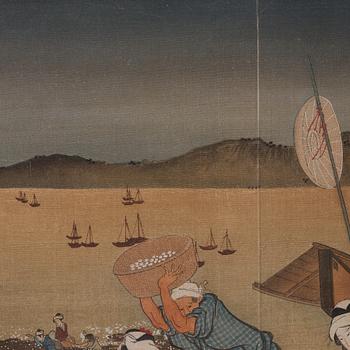 KATSUSHIKA HOKUSAI (1760–1849), efter, färgträsnitt på textil. Japan, "Shell Gathering", 1900-tal.