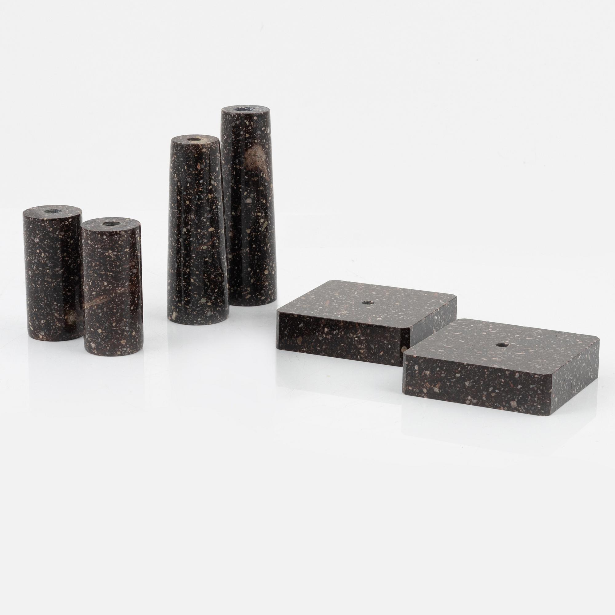 Six parts of porphyr to make candlesticks, 20th Century.