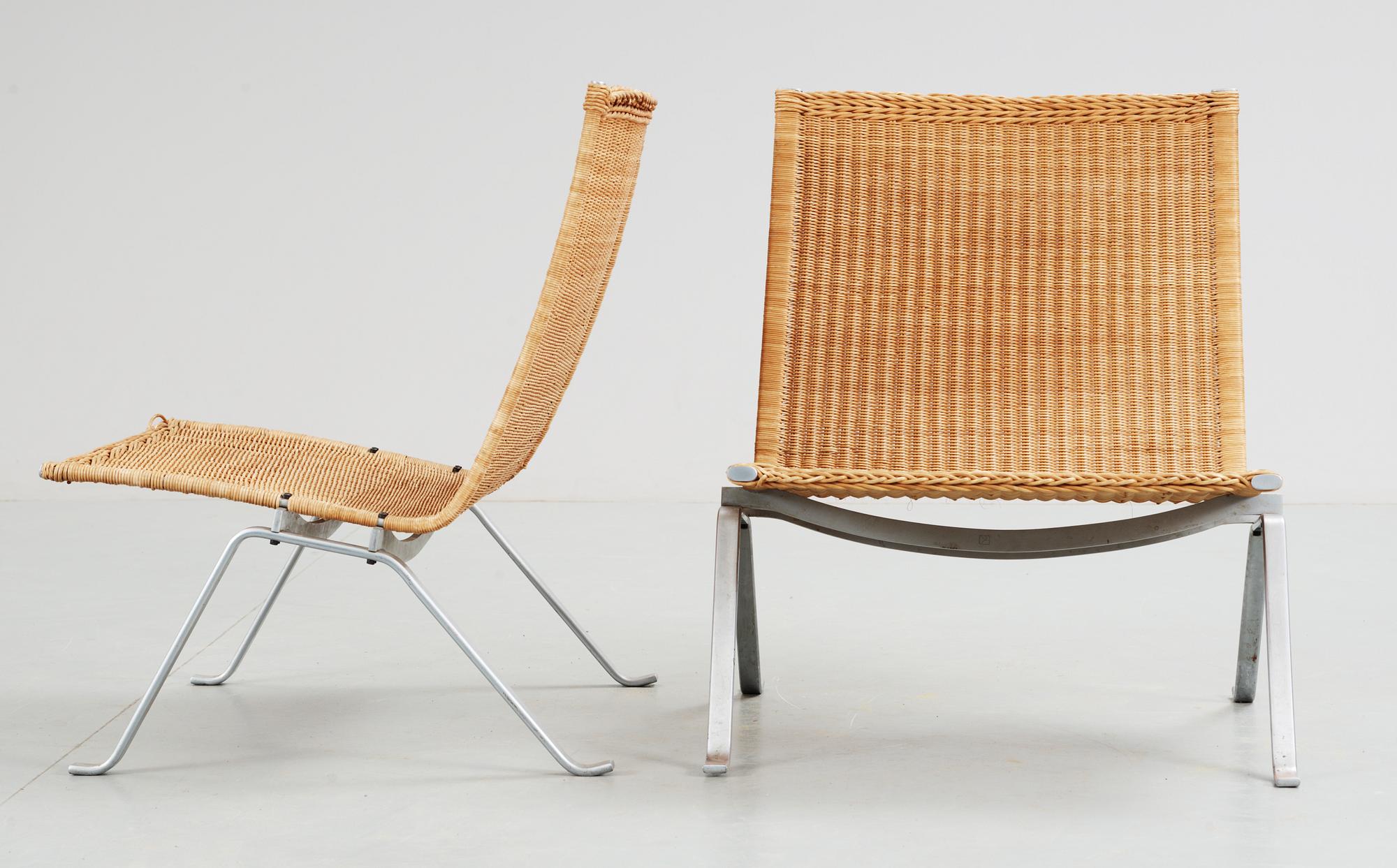 A pair of Poul Kjaerholm 'PK-22' steel and ratten easy chairs, E Kold Christensen, Denmark, maker's mark in the steel.