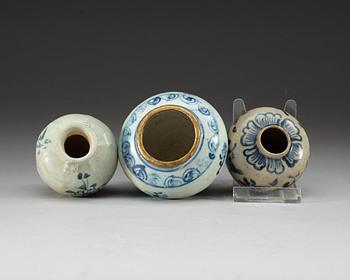 Three blue and white jars, Yuan/Ming dynasty.