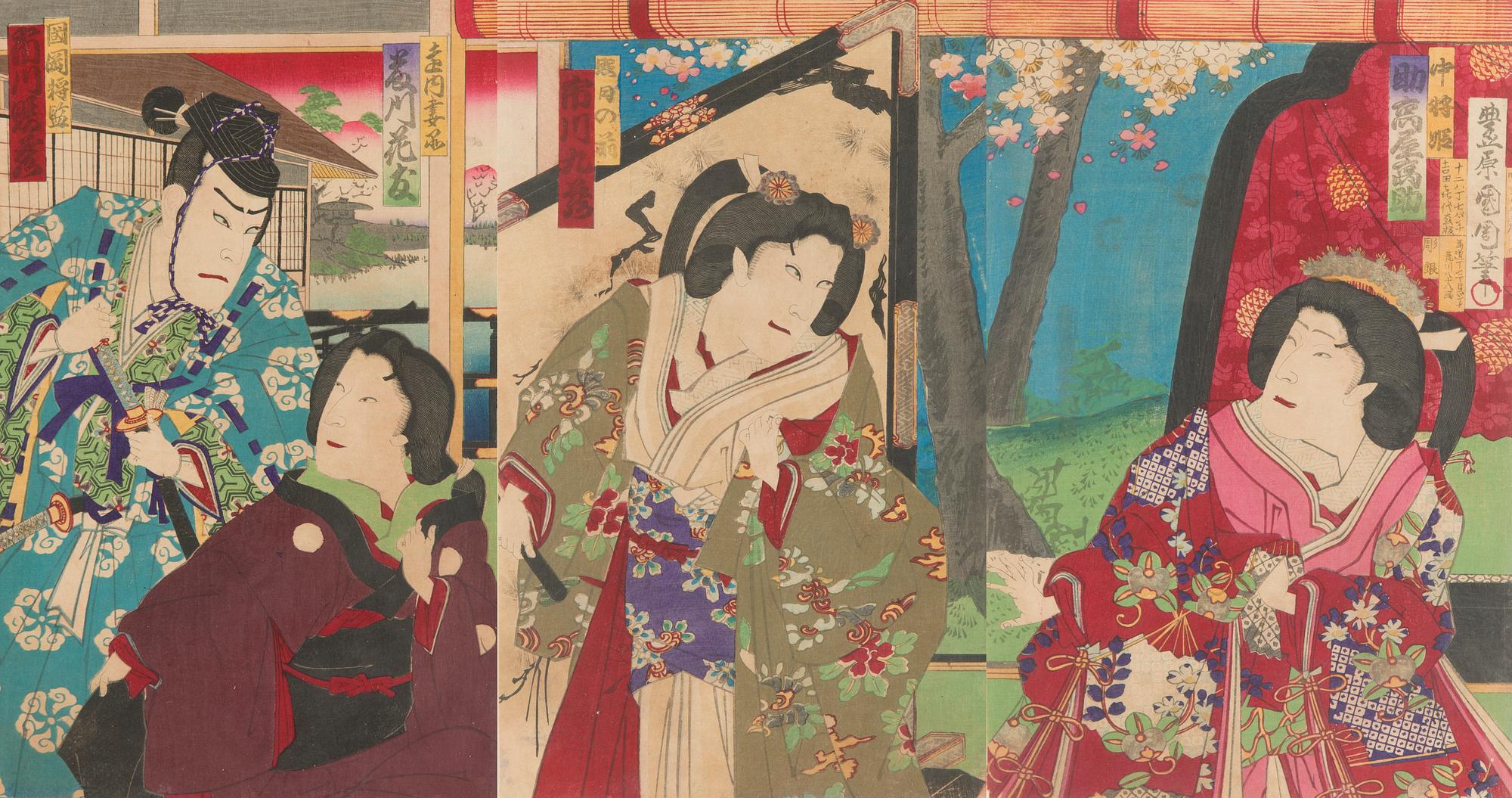 Toyohara Kunichika, triptych, woodcut, Japan.